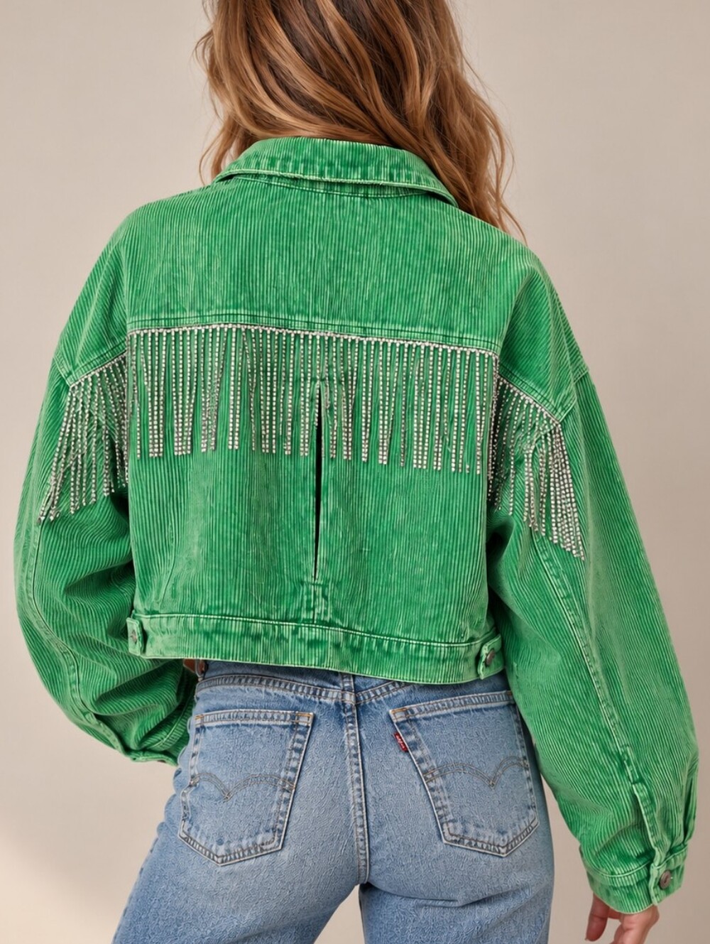 Blue B Green Rhinestone Fringe Cropped Corduroy Denim Jacket Size S/M Western